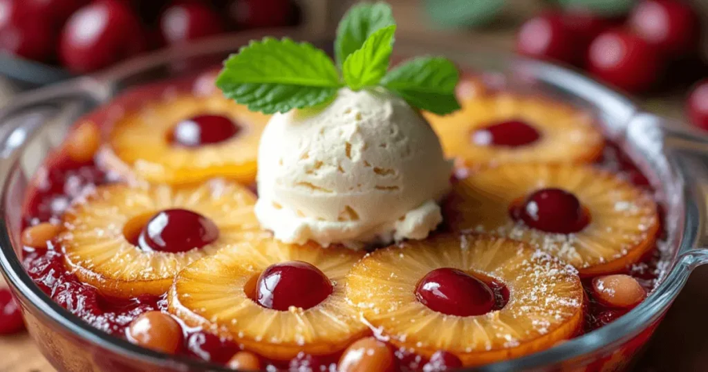 Cherry Pineapple Dump Cake with caramelized pineapple rings, glossy cherries, and a golden crust, topped with vanilla ice cream and mint, served in a glass baking dish