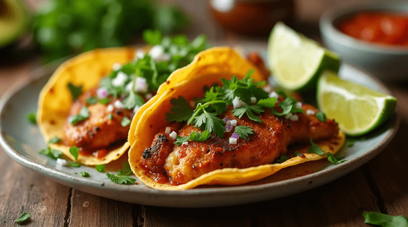 Delicious homemade chicken tacos with a golden-brown seasoned filling, topped with fresh cilantro and onions on warm corn tortillas, served with lime wedges and salsa