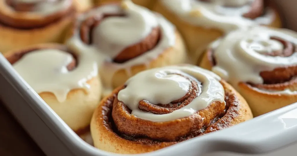 Homemade Cinnamon Rolls with Heavy Cream topped with cream cheese frosting on a white serving plate