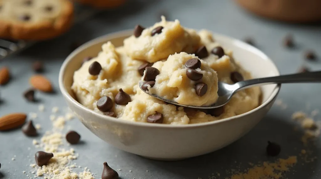 A bowl of creamy, high-protein cottage cheese cookie dough with dark chocolate chips, served in a rustic yet modern kitchen. The dough has a thick, smooth consistency, and a spoon is dipped in, showcasing its rich texture. Scattered chocolate chips and a dusting of almond flour enhance the warm, homemade feel