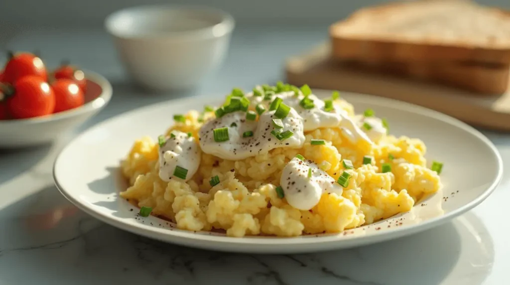 A plate of Cottage Cheese and Eggs, garnished with chopped chives and black pepper, served with toast and cherry tomatoes, Cottage Cheese and Eggs