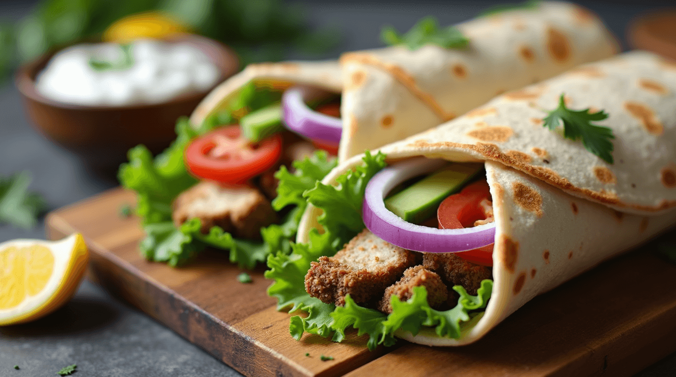 Homemade Gyro Wrap with Juicy Meat, Tzatziki, and Fresh Veggies