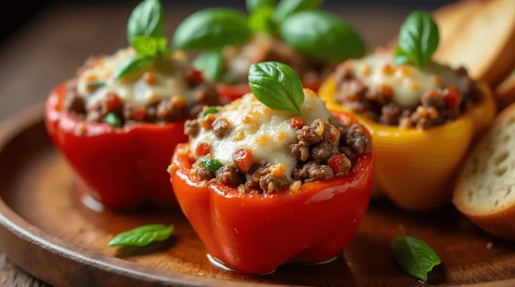 Classic Italian stuffed peppers served on a white plate, garnished with fresh basil and melted cheese