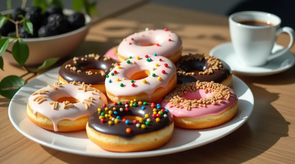 Assorted protein donuts with colorful toppings on a white plate, served with a cup of black coffee.