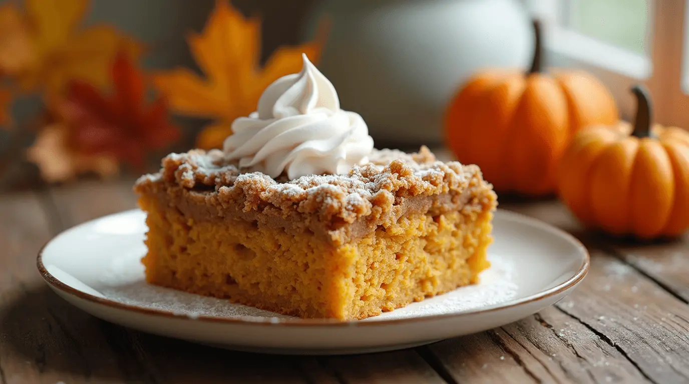Warm pumpkin dump cake with streusel topping and vanilla ice cream