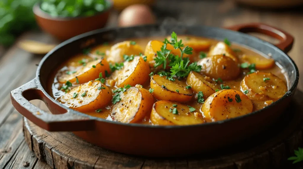 Homemade southern smothered potatoes in cast iron skillet with creamy sauce