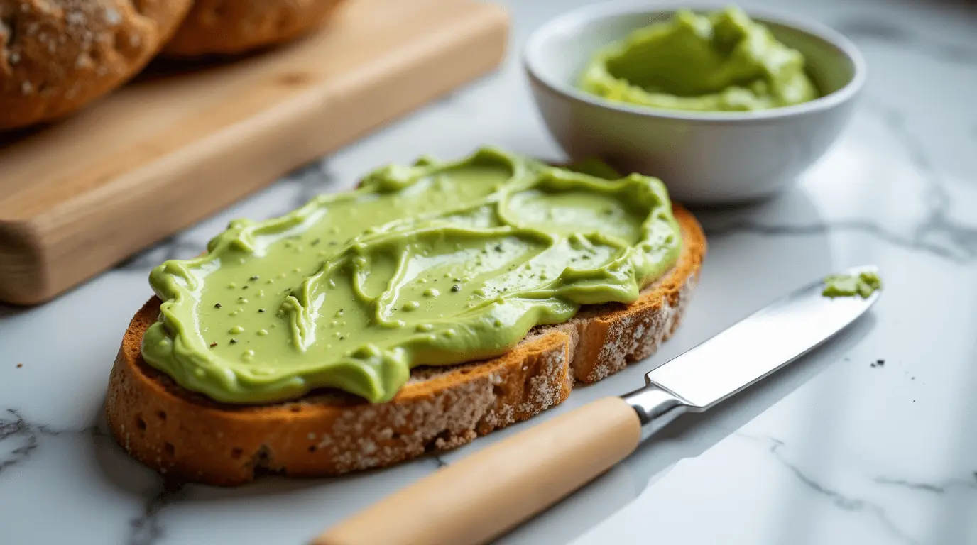 Creamy homemade avocado butter spread on toasted sourdough bread, garnished with microgreens and red pepper flakes