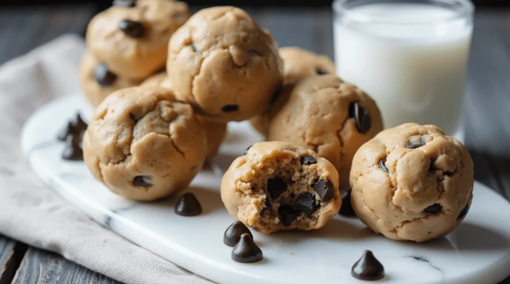 Homemade protein cookie dough balls with chocolate chips arranged on a marble board with a glass of milk