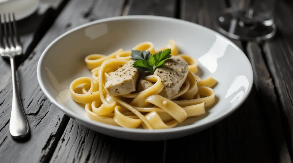 Creamy garlic parmesan chicken pasta in a white bowl with fresh herbs