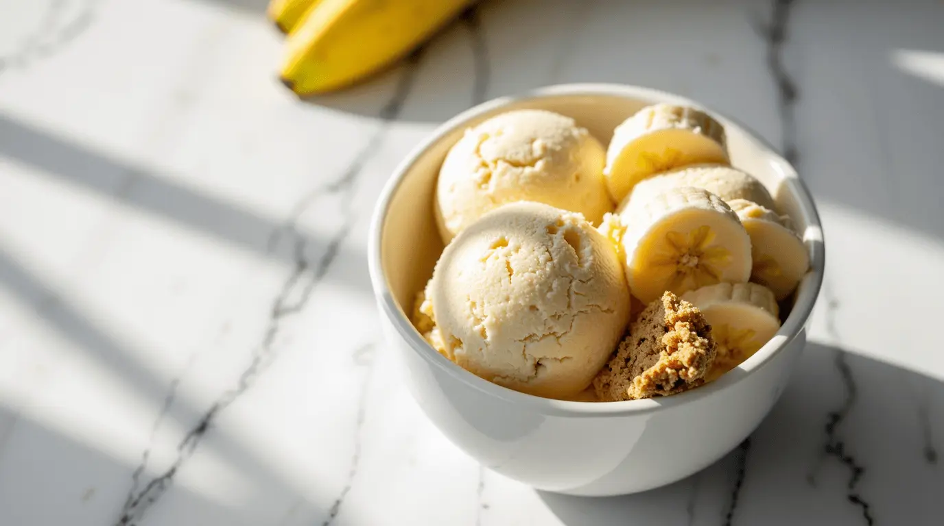 Creamy banana pudding ice cream in a white bowl, topped with vanilla wafers and fresh banana slices, no-churn dessert