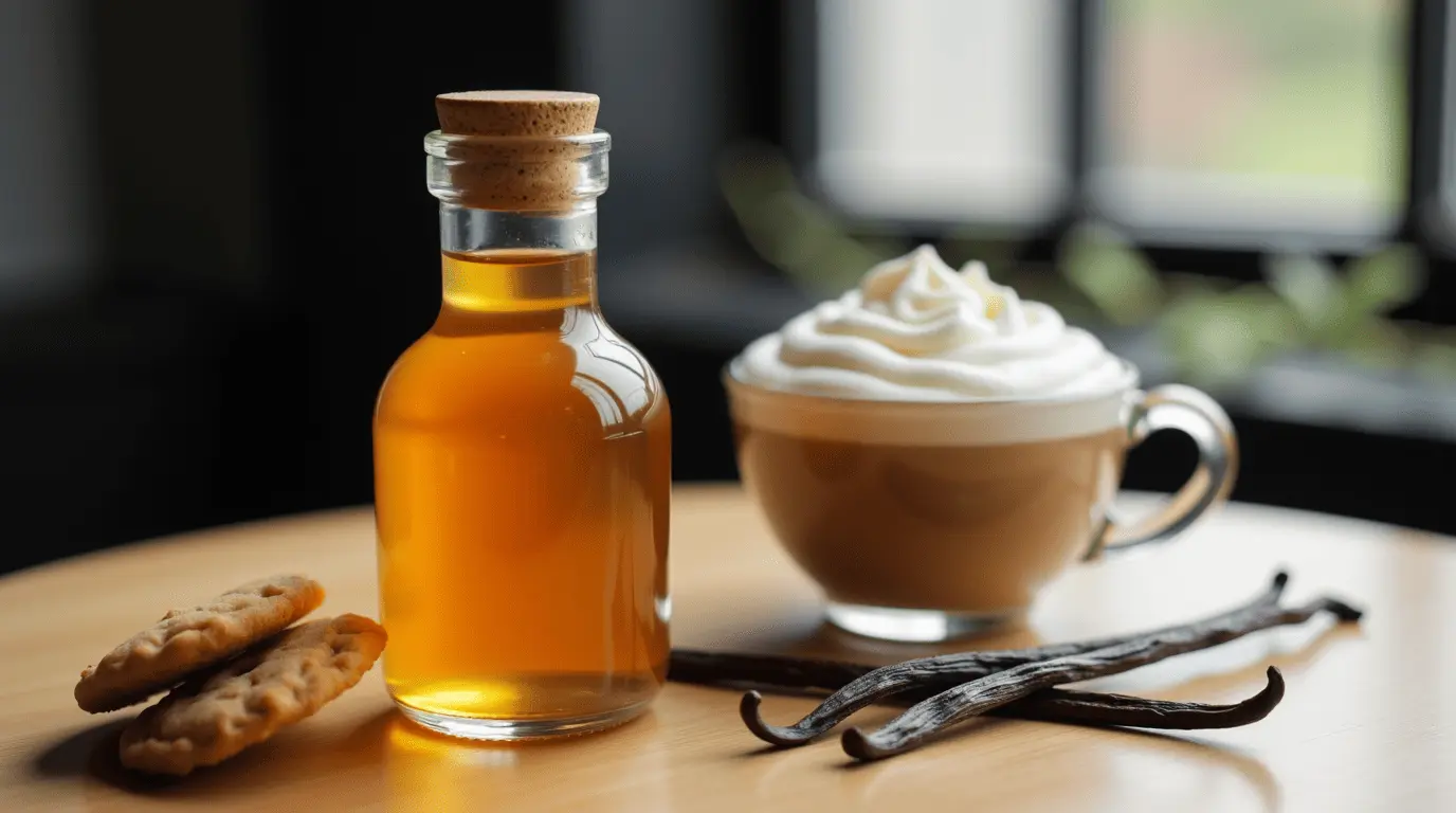 Homemade sugar cookie syrup in glass bottle with latte and cookies