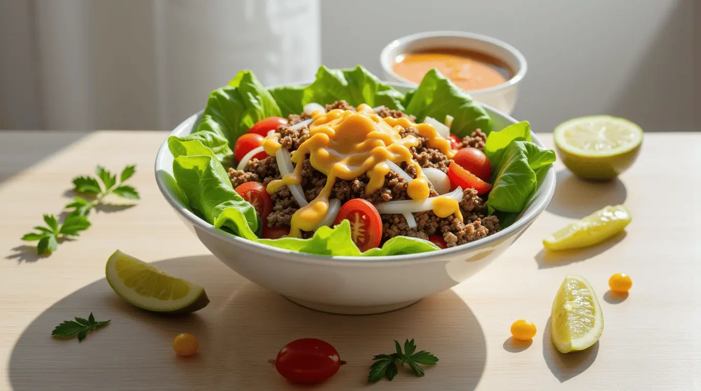 Homemade keto big mac salad with special sauce in white bowl
