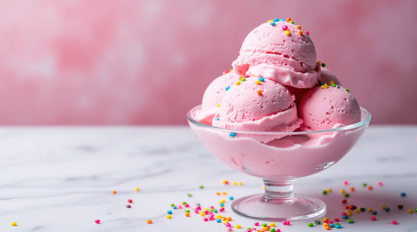 Luxurious cotton candy ice cream sundae with whipped cream and rainbow sprinkles in a crystal bowl