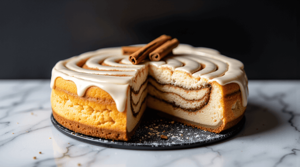 Golden swirl cinnamon roll cheesecake with creamy filling and caramelized crust on a white plate.