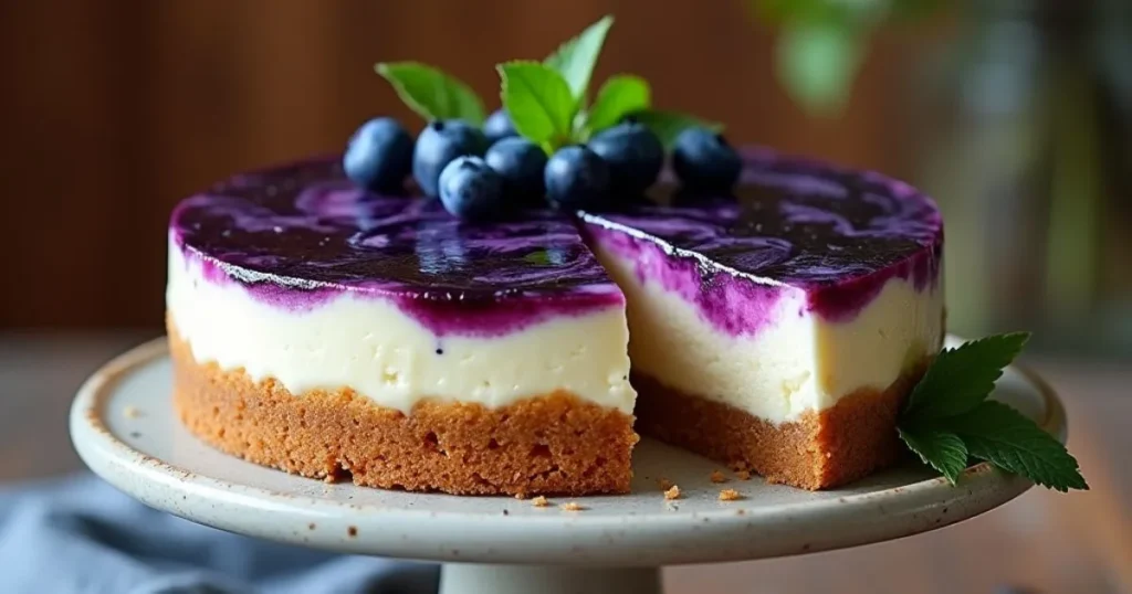 Blueberry cheesecake cake topped with fresh blueberries and drizzled with blueberry sauce.