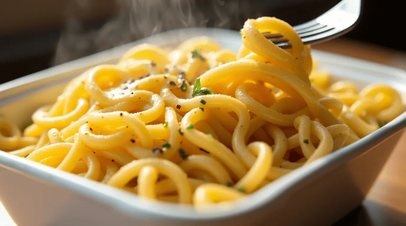 Classic cafeteria noodles topped with fresh parsley