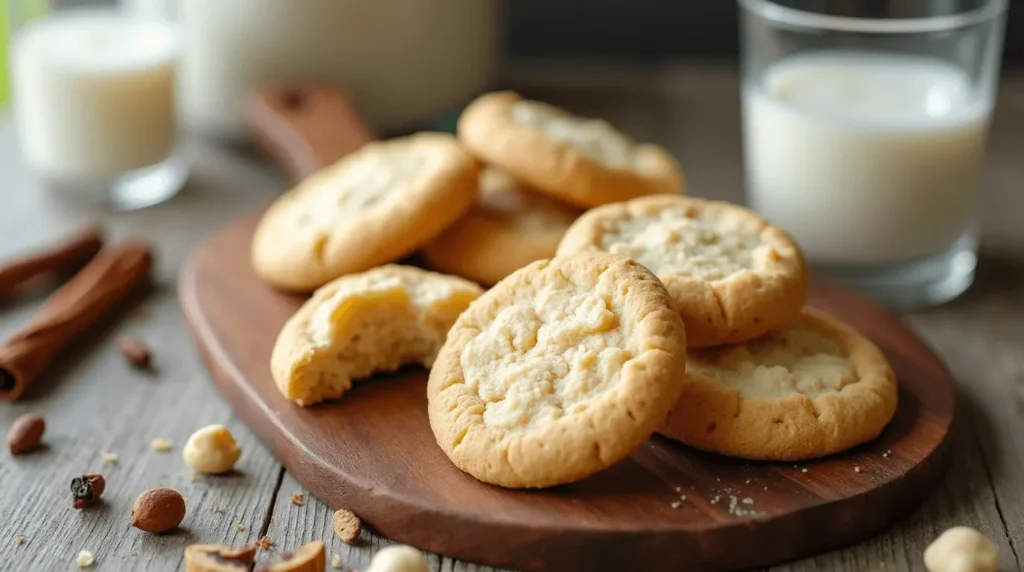 Golden sugar-free cottage cheese cookies with a soft interior texture, arranged on a wooden board with milk and garnishes.