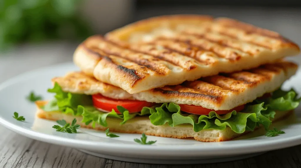Homemade cottage cheese flatbread recipe served as a grilled sandwich with fresh vegetables
