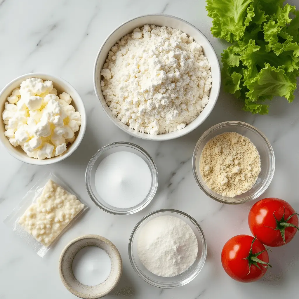Essential ingredients for cottage cheese flatbread recipe laid out on marble counter