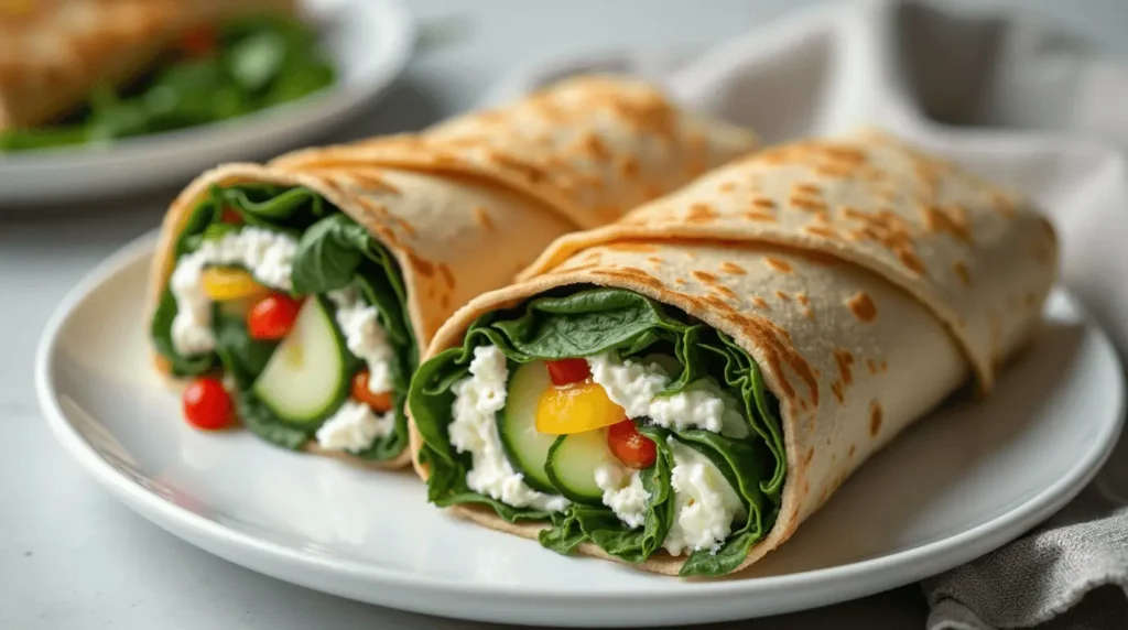 Sliced cottage cheese wrap with fresh vegetables on white ceramic plate