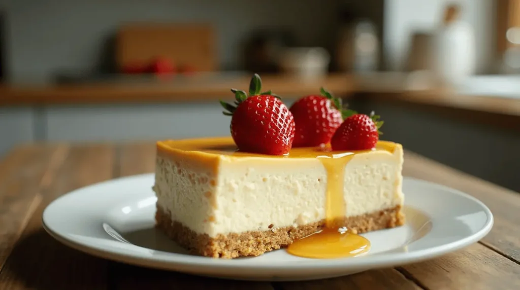 A no-bake cheesecake with a graham cracker crust, topped with fresh strawberries and honey drizzle