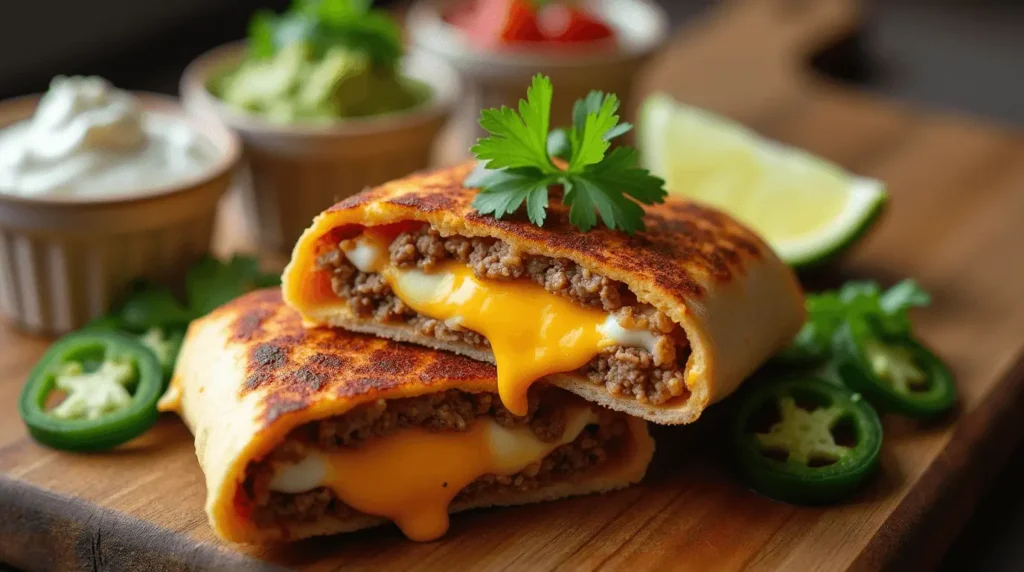 Grilled cheese burrito cut in half showing melty cheese pull and fillings