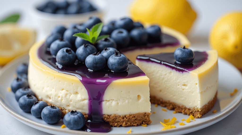 Delicious lemon blueberry cheesecake with a golden graham cracker crust, topped with fresh blueberries and a rich blueberry glaze.