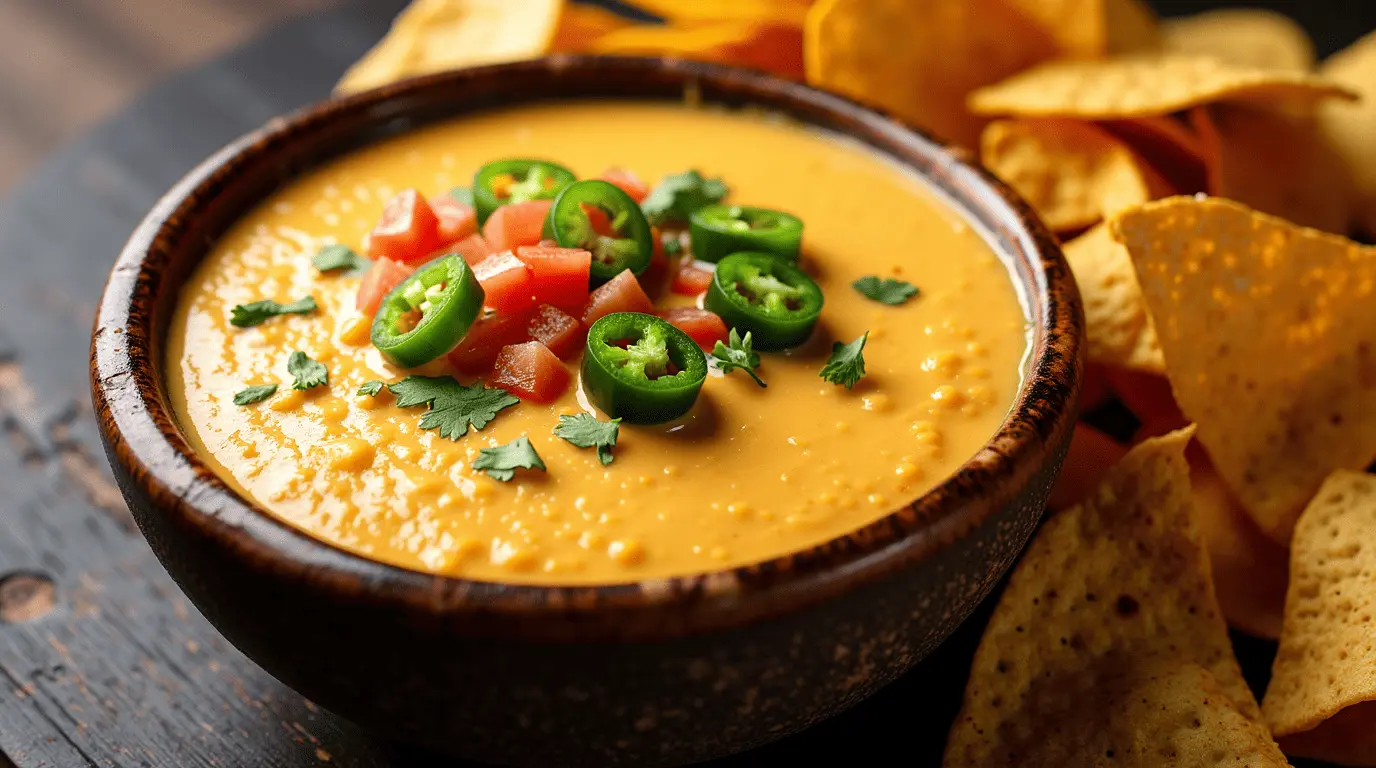 Creamy cottage cheese queso dip topped with tomatoes, jalapeños, and cilantro, served with tortilla chips in ceramic bowl