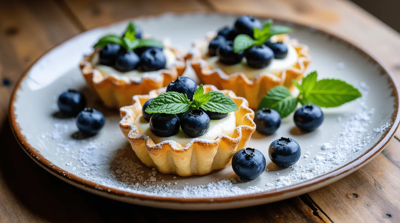 Homemade blueberry goat cheese tartlets with fresh mint and powdered sugar on a vintage plate