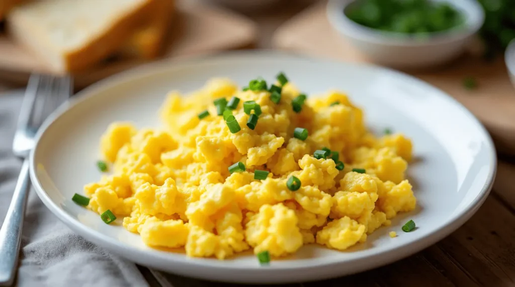 Creamy cottage cheese scrambled eggs garnished with fresh chives on white plate