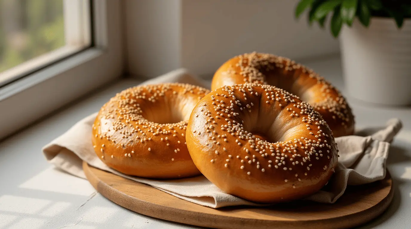 Homemade golden-brown protein bagels with sesame seeds on wooden board