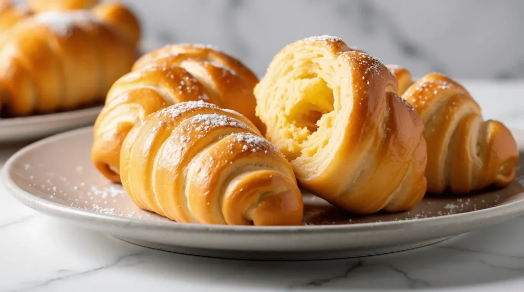 Flaky gluten free puff pastry with golden-brown layers on ceramic plate