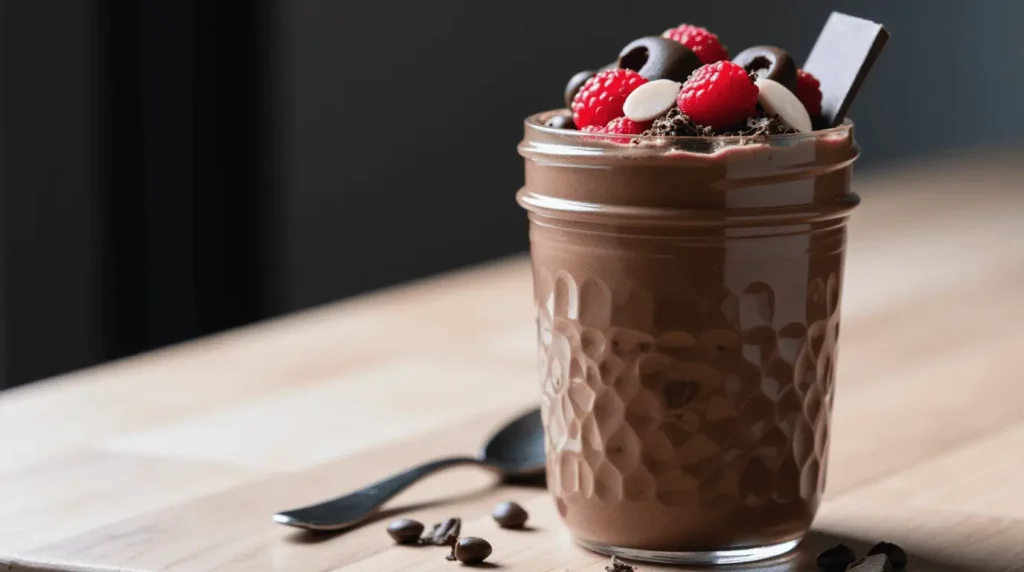 A clear glass mason jar filled with rich, creamy chocolate protein pudding, topped with fresh raspberries, chocolate curls, white chocolate pieces, and a dark chocolate square. The jar features a textured design, and the dessert is presented on a light wooden surface with a black spoon and coffee beans nearby.