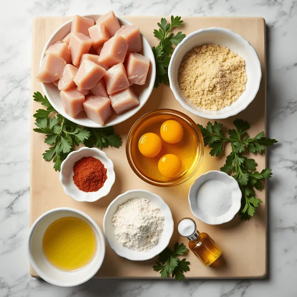 Ingredients for air fryer chicken bites laid out on wooden cutting board