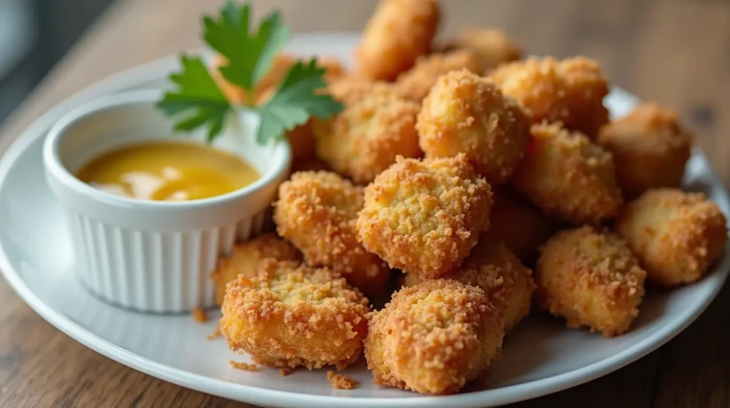 Crispy golden air fryer chicken bites with honey mustard dipping sauce