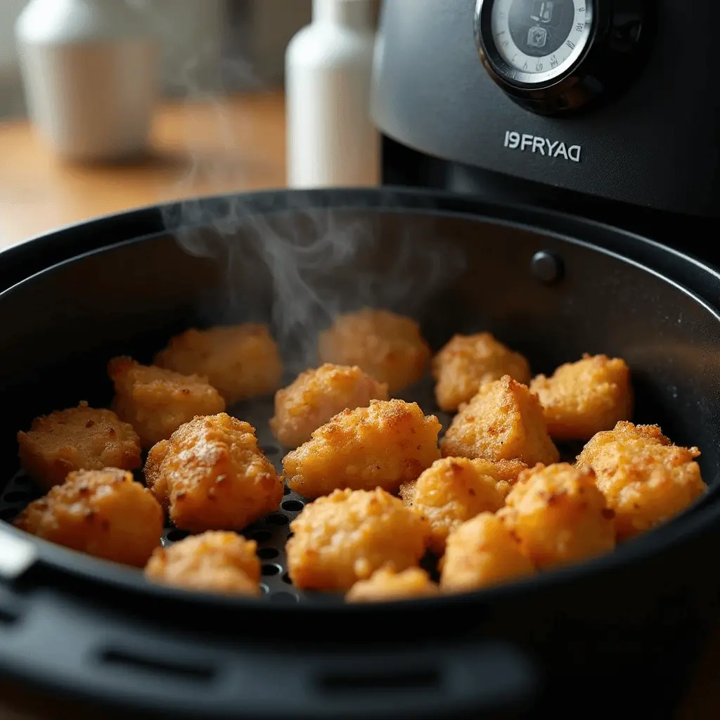 Air fryer basket with golden chicken bites cooking to crispy perfection