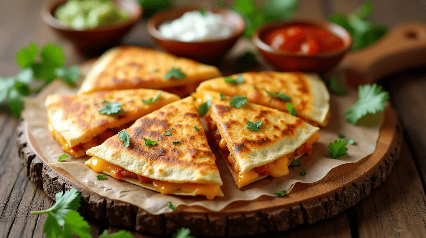 Crispy golden air fryer quesadilla cut into triangles with melted cheese and serving sides of guacamole, salsa, and sour cream