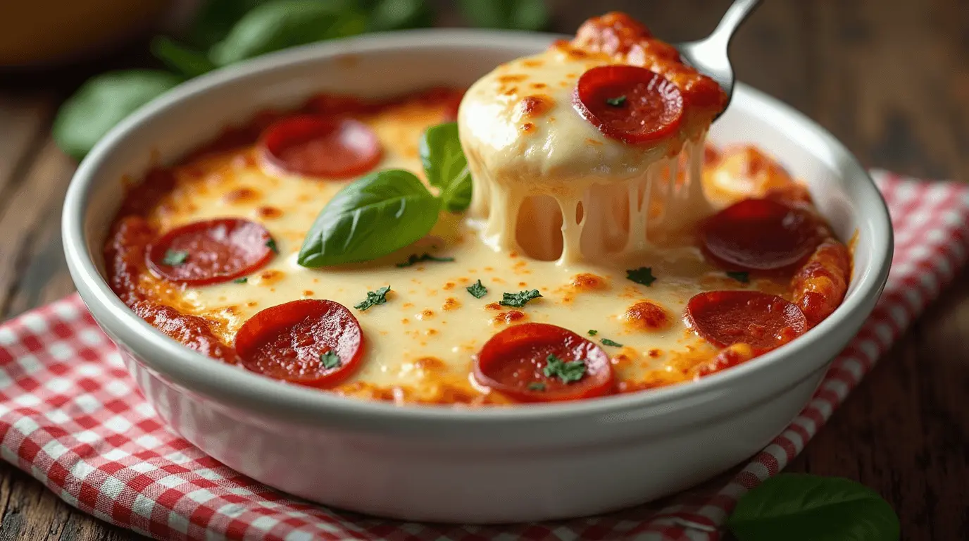 Melty cottage cheese pizza bowl with pepperoni and basil
