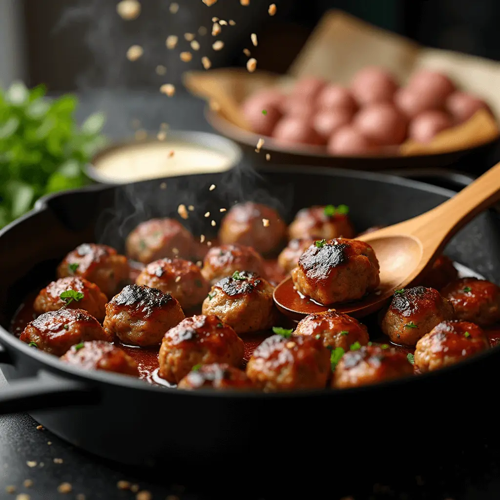 Searing Mississippi meatballs in a cast iron skillet with wooden spoon