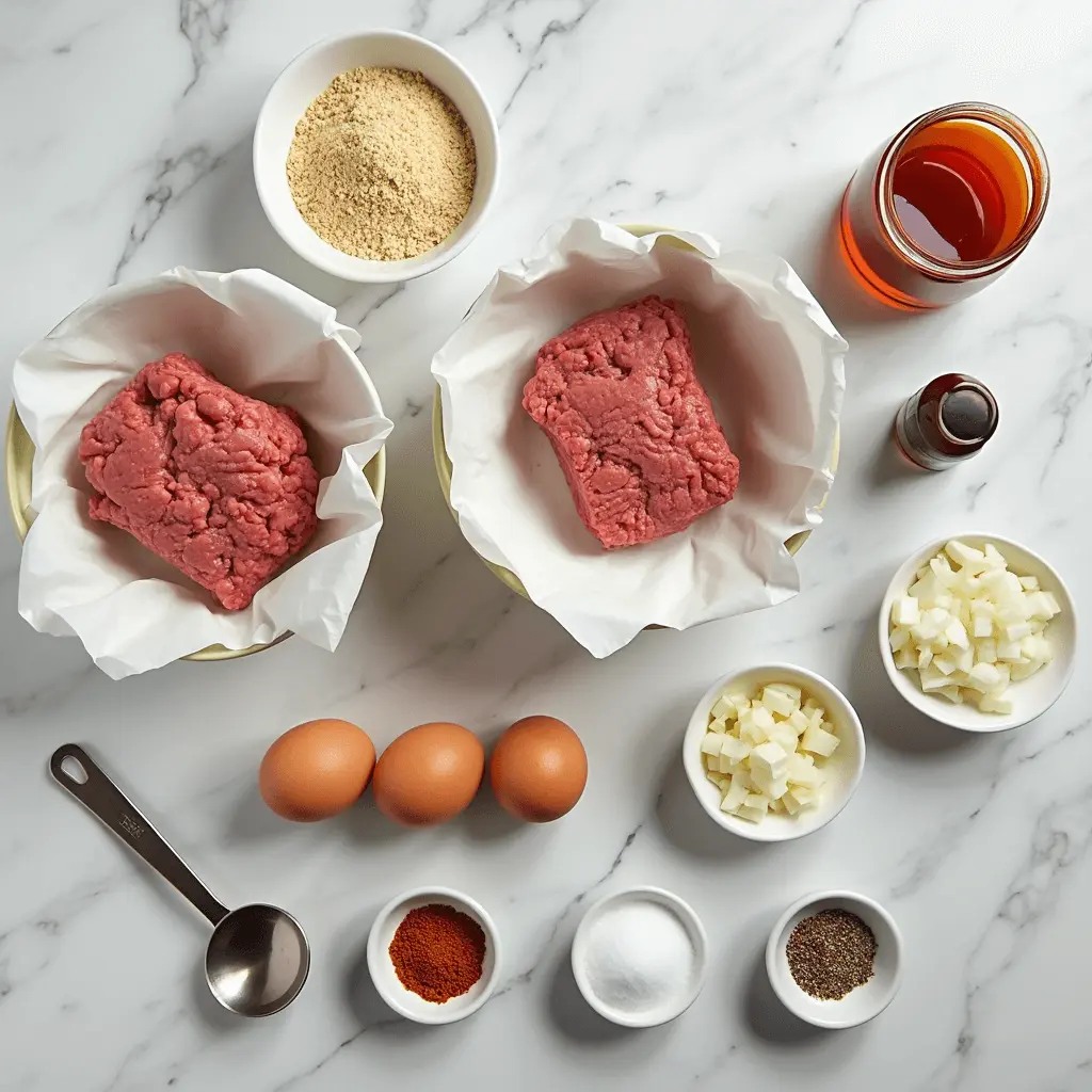 Overhead view of raw ingredients for Mississippi meatballs including meats, grape jelly, and spices