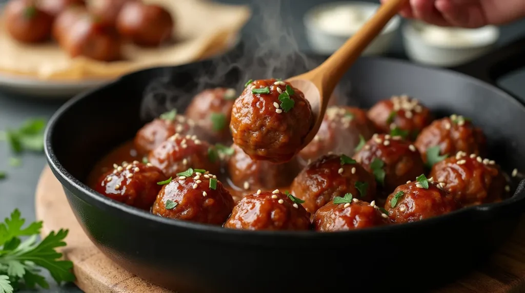 Glazed Mississippi meatballs in a white ceramic serving dish with toothpicks