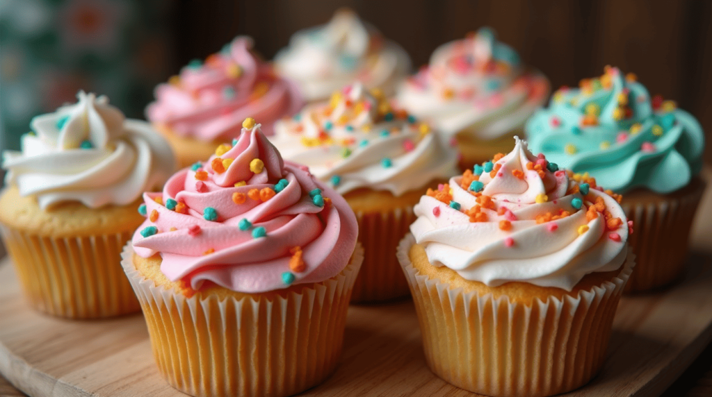 A batch of gluten free cupcakes with colorful frosting and sprinkles on a wooden table.