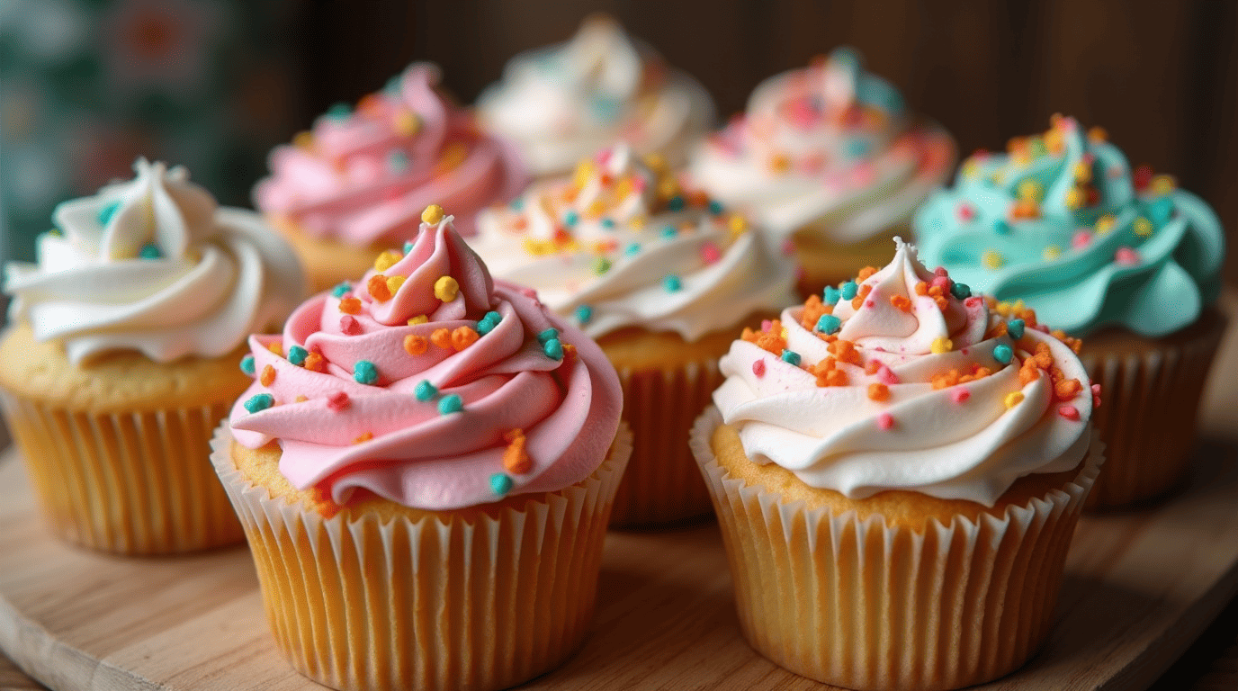 A batch of gluten free cupcakes with colorful frosting and sprinkles on a wooden table.