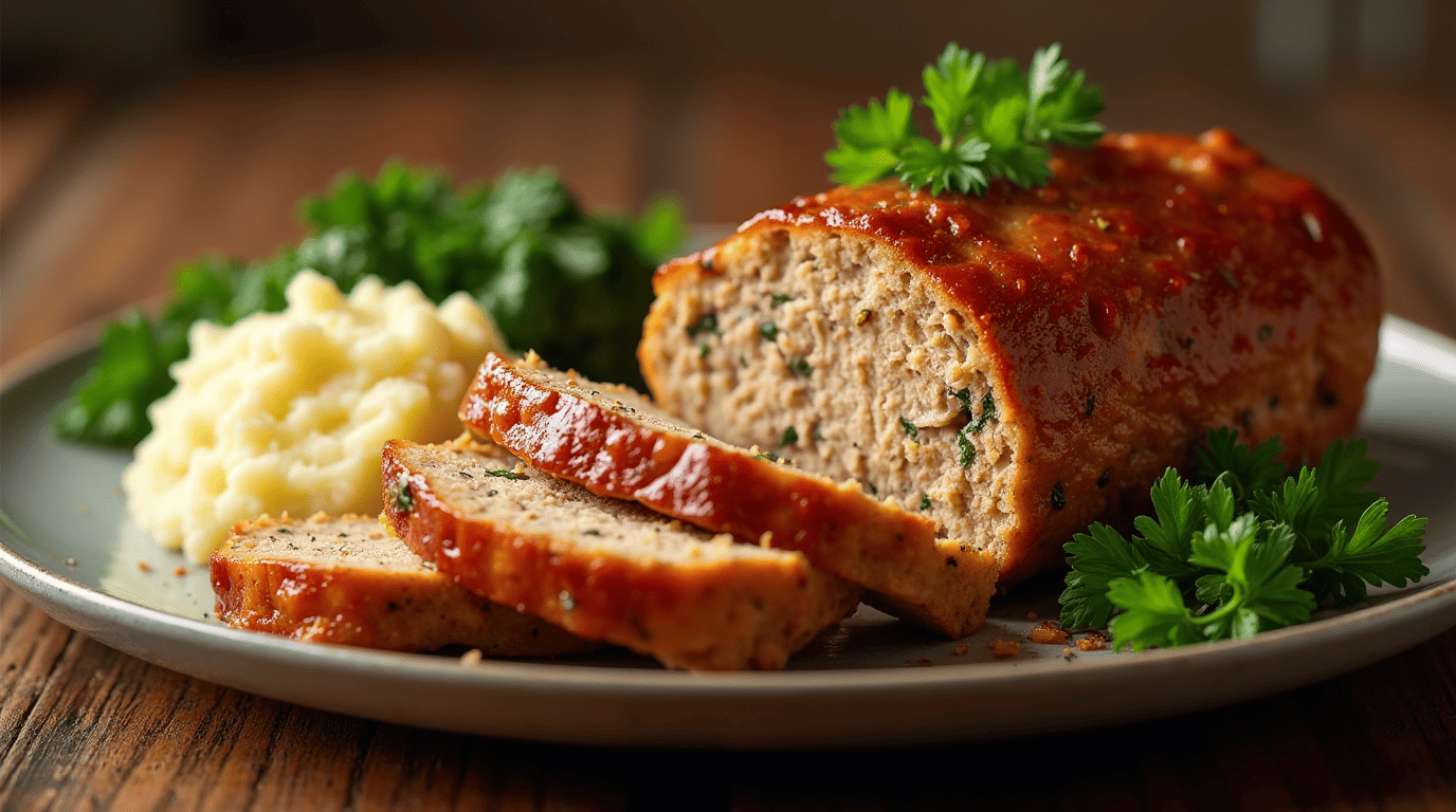 Juicy, golden-brown chicken meatloaf sliced and served on a plate with mashed potatoes and vegetables.