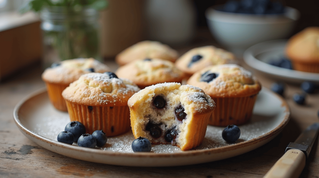 Freshly baked Cottage Cheese Blueberry Muffins on a rustic wooden table.