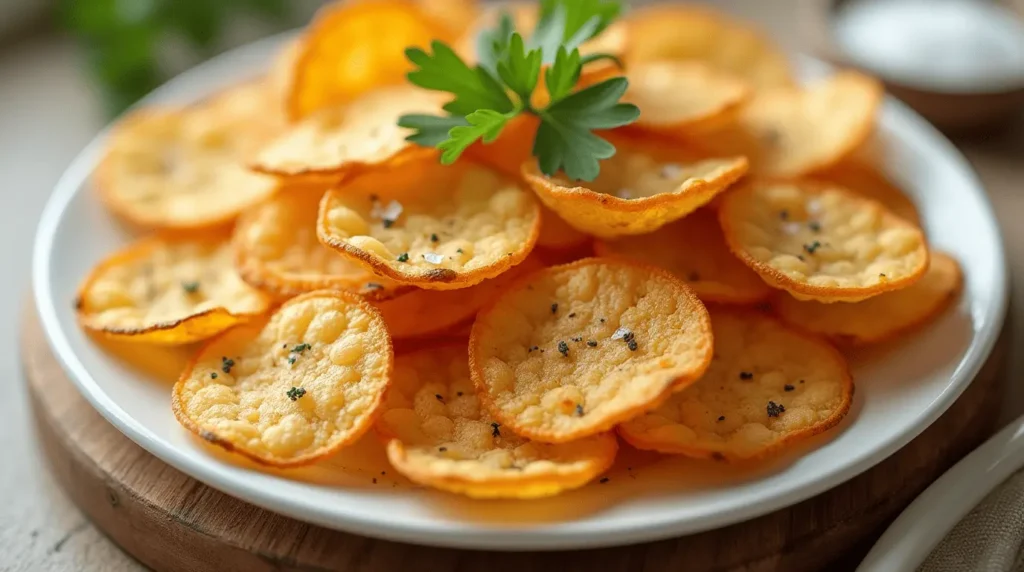 Crispy golden cottage cheese chips arranged on a rustic wooden serving board