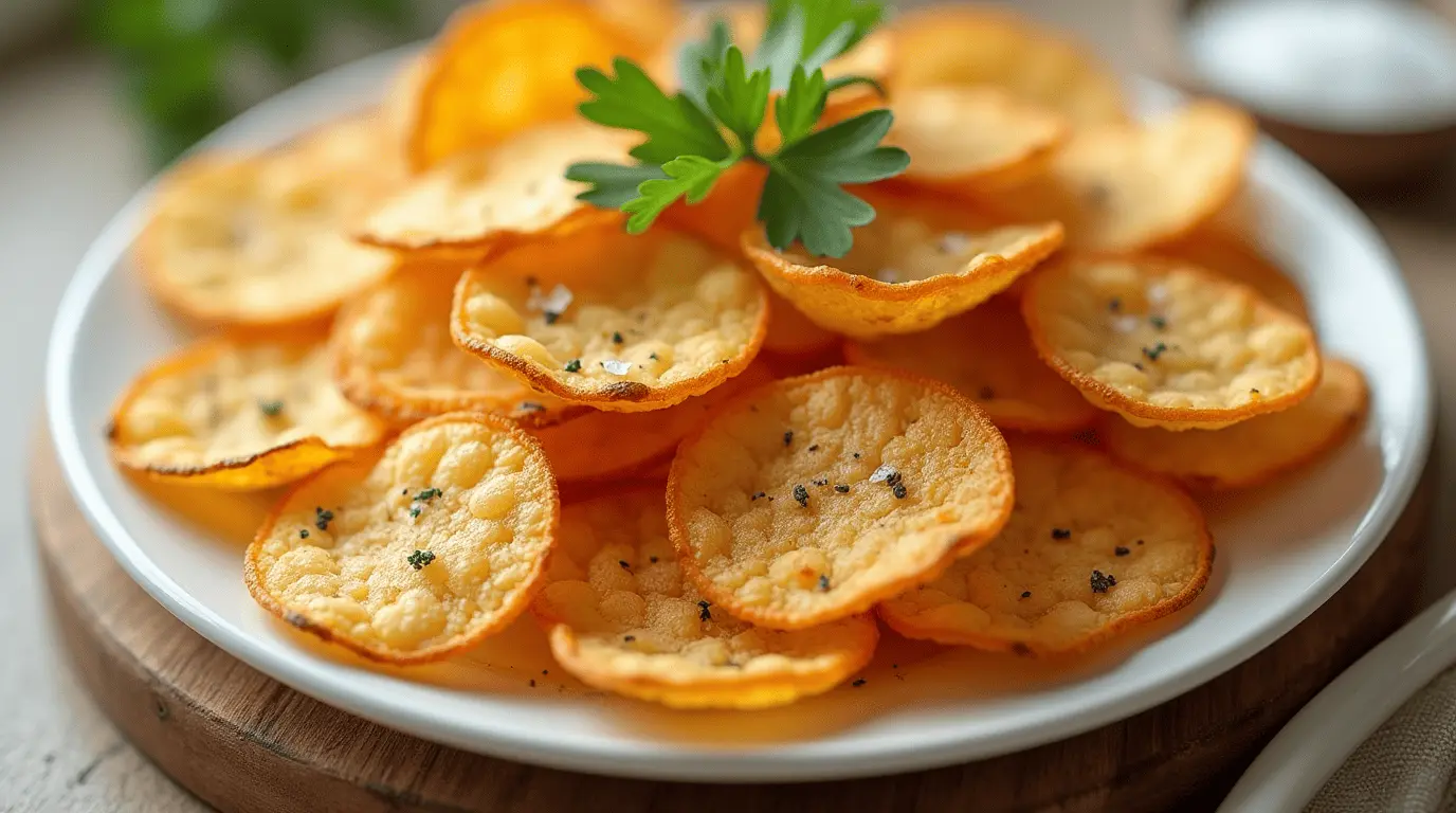Crispy golden cottage cheese chips arranged on a rustic wooden serving board