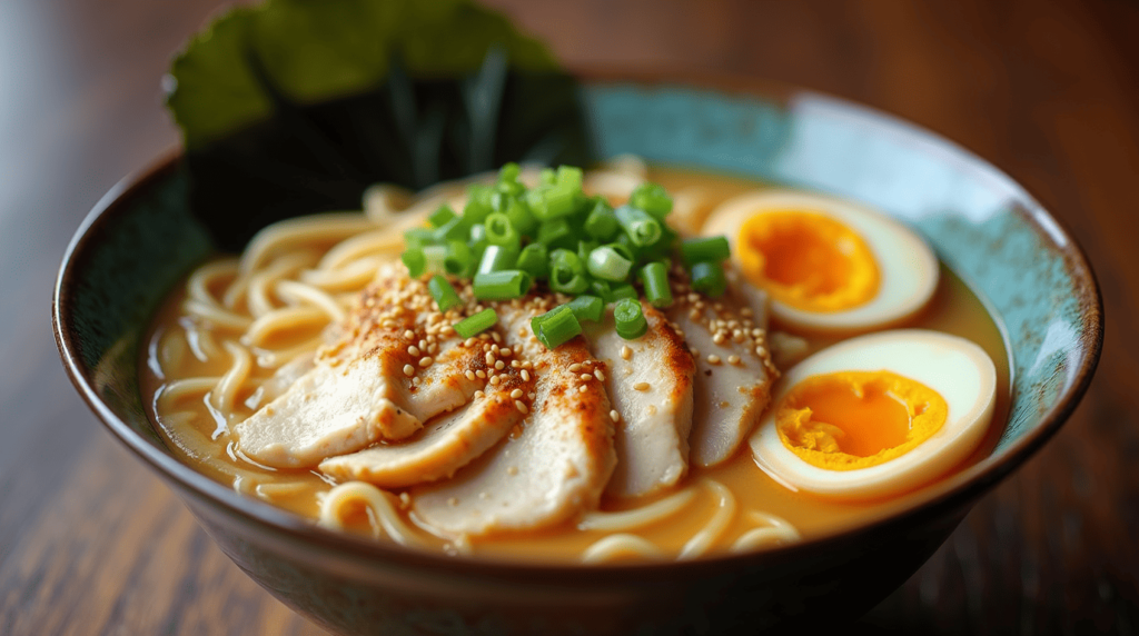 A bowl of creamy chicken ramen with noodles, chicken slices, egg, and garnishes.