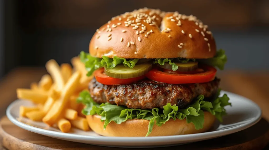 Inside outside burger with crispy exterior and juicy interior, served on a plate with fresh garnishes and crispy fries.