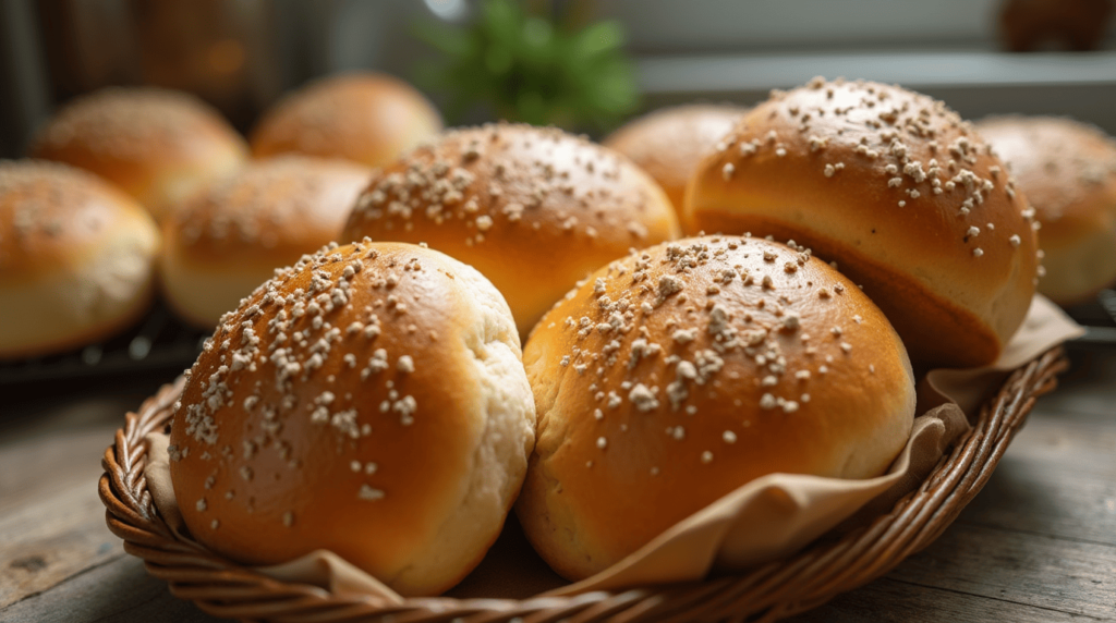 Freshly baked gluten free burger buns with golden crust on a wooden table